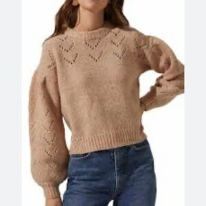 Astr The Label Pointelle Puff Sleeve Wool Blend Sweater